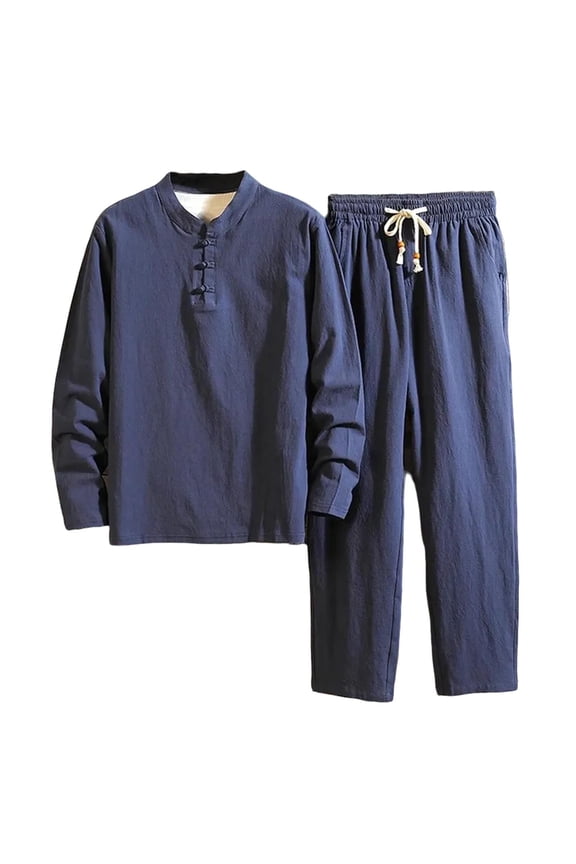 Men's Fashion Casual Set Solid Long Sleeve Turndown Collar Soft Breathable Comfortable Non-Shrinking Sweat-Wicking Outdoor Daily Wear Blue M