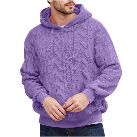 LpwkSSA Men's Fleece Hooded Sweatshirt Solid Suede Fabric Long Sleeve Jacquard Pocket Design Urban Casual Streetwear Retro Minimalist Essentials Purple XXL