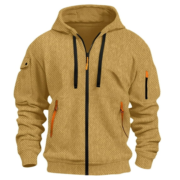 LpwkSSA Men's Fleece Hoodies Midweight Solid Color Zipper Cardigan Long Sleeved Windproof Hooded Sweatshirt Jacket for Men Yellow S