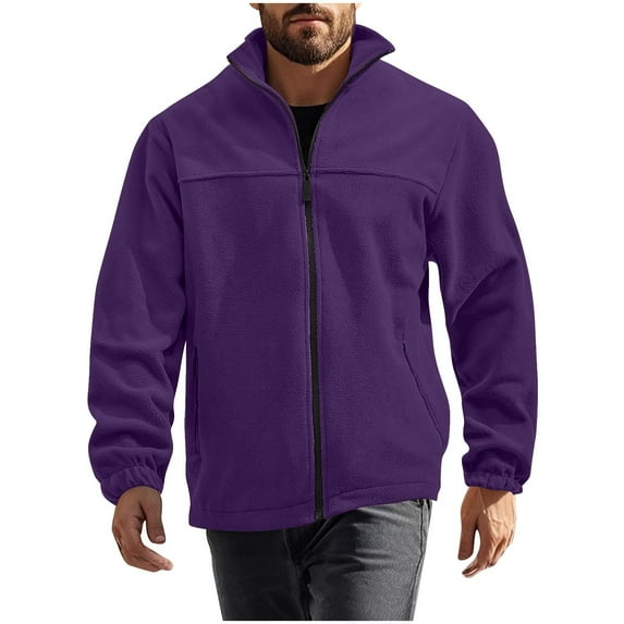 LpwkSSA Men's Fleece Jacket Solid Color Fleece Sports Zipper Pocket Windproof Long Sleeve Hoodless Casual Basic Outwear Coat Purple M