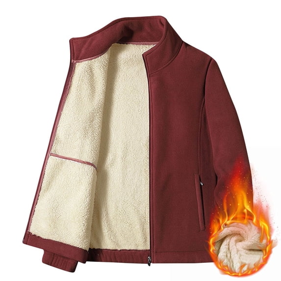 LpwkSSA Men's Fleece Lined Coats Outerwear Padded Thickened Thermal Fall Winter Coat Solid Color Stand Collar LOng Sleeve Coat fpr Daily Wear Red XXL