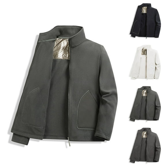 LpwkSSA Men's Fleece Lined Jacket Thermal Winter Casual Outerwear Solid Color Stand Collar Long Sleeve Plus Size Midweight Comfortable Cotton Coat Black L