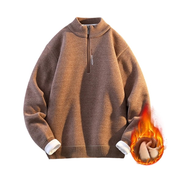 LpwkSSA Men's Fleece lined Quarter Zip Up Pullover Loose Fit Solid Color Thick Velvet Stand Up Collar Long Sleeve Sweater Brown XXL