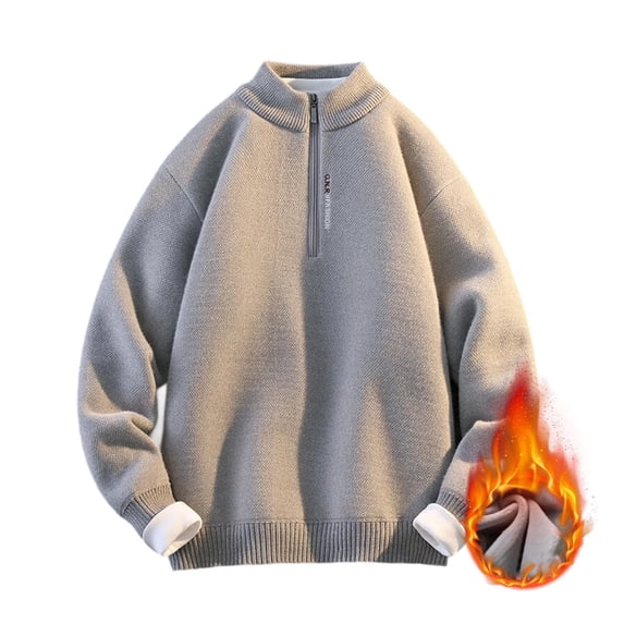 LpwkSSA Men's Fleece lined Quarter Zip Up Pullover Loose Fit Solid Color Thick Velvet Stand Up Collar Long Sleeve Sweater Gray M