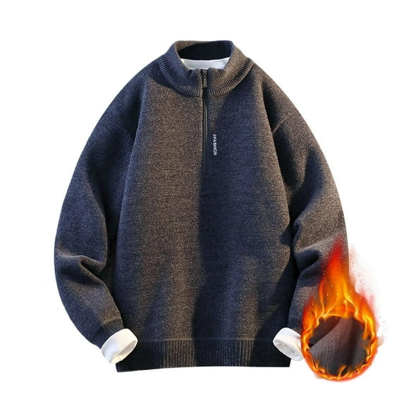 LpwkSSA Men's Fleece lined Quarter Zip Up Pullover Loose Fit Solid Color Thick Velvet Stand Up Collar Long Sleeve Sweater Gray M