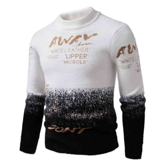 LpwkSSA Men’s Gradient Letter Stripe Knit Sweater Thickened Slim Warm Imitation Mink Knitted Sweater Half-High-Neck Collar Pullover Black XXXL
