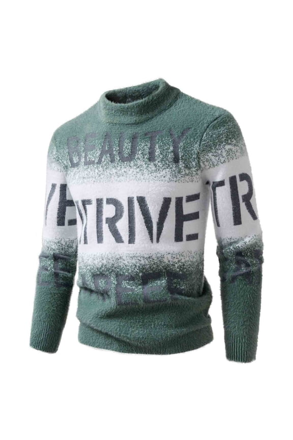 Men's Gradient Letter Stripe Knit Sweater Thickened Slim Warm Imitation Mink Knitted Sweater Half-High-Neck Collar Pullover Green XXXXL
