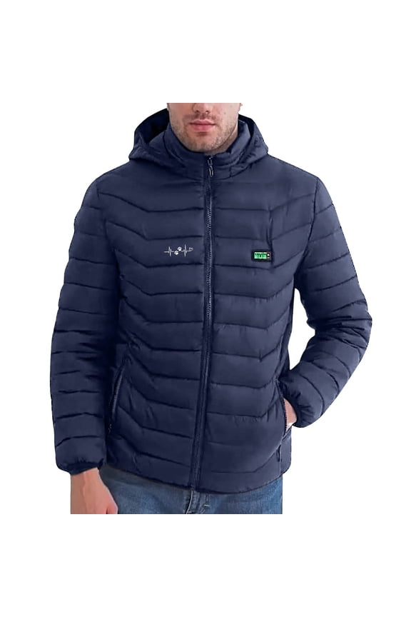 Men's Heated Down Coat Four Temperature Control 21 Zone Thermal Cotton Jacket Closure USB Rechargeable Long Sleeve Hooded OuterwearHooded Casual Puffer Coat Blue S