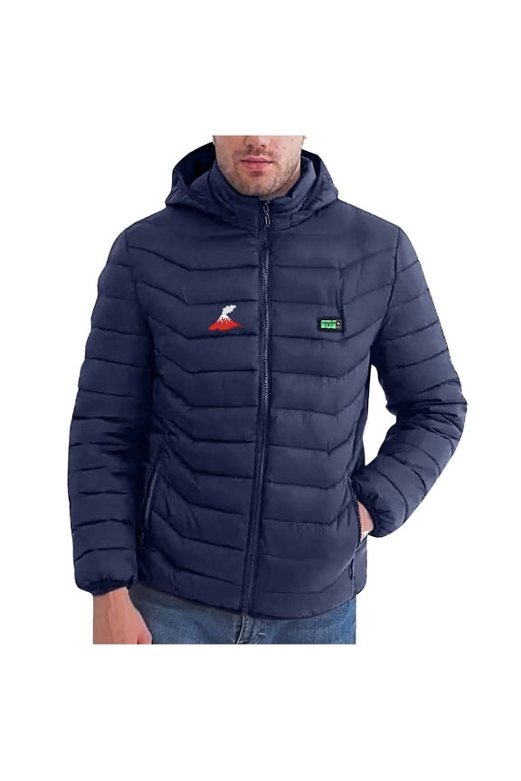 Men's Heated Down Coat Casual Printing Zipper Four Control 21 Areas Heat Heating USB Charging Long Sleeve Hooded Outwear Blue XXL