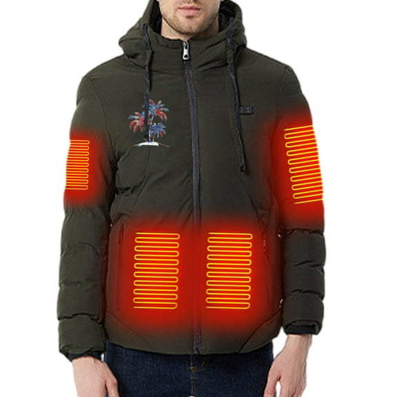LpwkSSA Men's Heated Down Jacket Casual Solid Zipper Winter Cotton Coat Double Control 11 Areas Heat Heating Tanks USB Charging Tanks Long Sleeve Hooded Outwear Green XXL