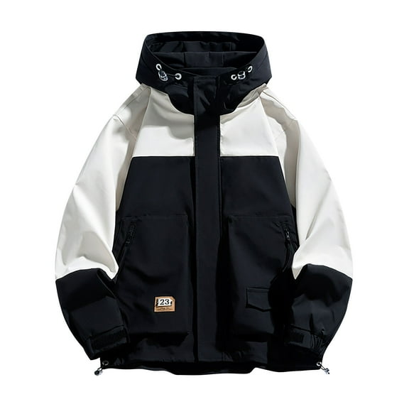 LpwkSSA Men's Hooded Anorak Long Sleeve Color Matching Loose Cotton Padded Jacket Windproof Thick Warmth Personalized Neutral Style Coat Black M