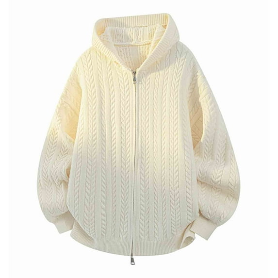 LpwkSSA Men's Hooded Cardigan Sweaters Two Way Zipper Long Sleeve Oversized Loose Knitwear Coat Solid Color Lightweight Outwear Coat Beige XL