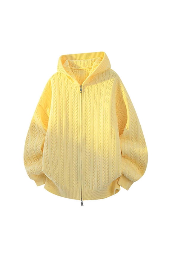 Men's Hooded Cardigan Sweaters Two Way Zipper Long Sleeve Oversized Loose Knitwear Coat Solid Color Lightweight Outwear Coat Yellow M