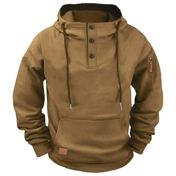 LpwkSSA Men's Hooded Pullover Sweatshirt with Button Closure Solid Color Long Sleeve Casual Fleece Hoodie Front Pockets Comfortable Fit Brown L