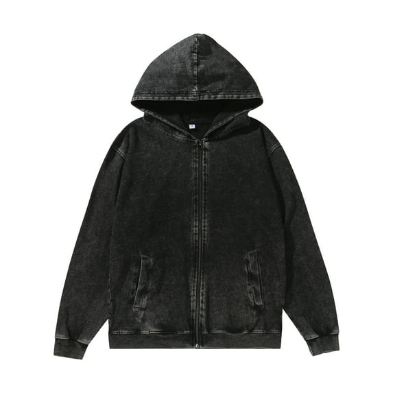 LpwkSSA Men's Hooded Sweatshirt Jacket Solid Color Washed Distressed Long Sleeve Zip Up Vintage Urban Streetwear Casual Coats Black XXL