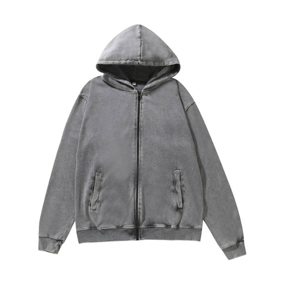 LpwkSSA Men's Hooded Sweatshirt Jacket Solid Color Washed Distressed Long Sleeve Zip Up Vintage Urban Streetwear Casual Coats Gray XL