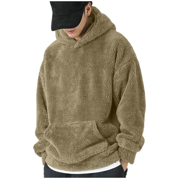 LpwkSSA Men's Hooded Sweatshirt Warm Fleece Solid Color Pullover Kangaroo Pocket Drawstring Hood Long Sleeves Casual Hooded Top Winter Wear Ideal for Everyday Activities Brown XXL