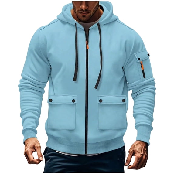 LpwkSSA Men's Hooded Work Coats Cargo Solid Color with Multiple Pockets Sports Fitness Training Hoodie Long Sleeved Hooded Casual Coats Blue L