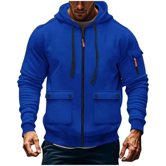 LpwkSSA Men's Hooded Work Coats Cargo Solid Color with Multiple Pockets Sports Fitness Training Hoodie Long Sleeved Hooded Casual Coats Blue XXXL