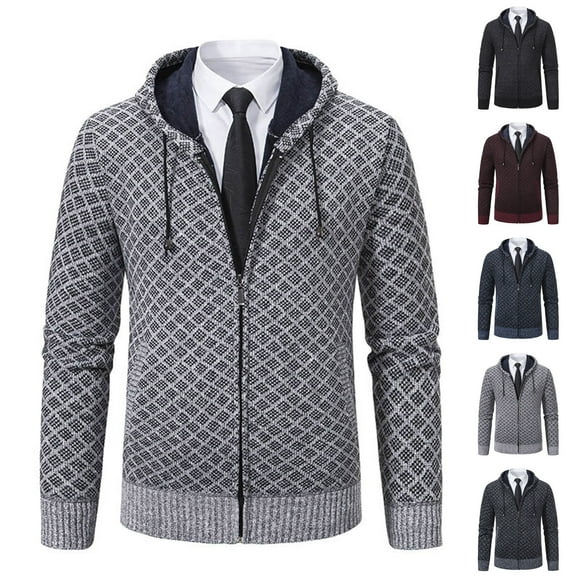 LpwkSSA Men's Hooded Zipper Knit Sweater Coat Solid Color Design Long Sleeves Side Pockets Casual Daily Versatile Outerwear Gray L