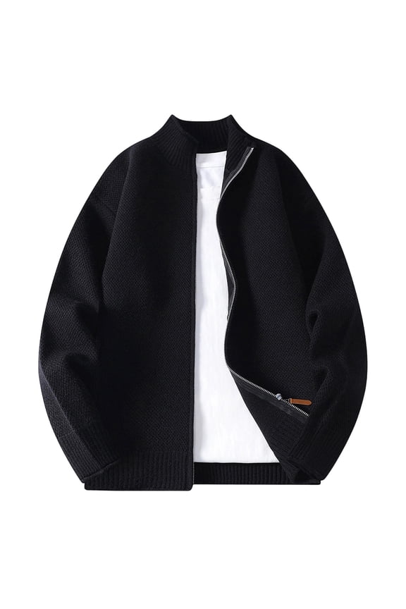 Men's Knitted Cardigan Sweater Jacket Full Zip Stand Up Collar Ribbed Cuffs Casual Outerwear for Office Travel Golf Semi Formal Daily Wear Fashion Black M
