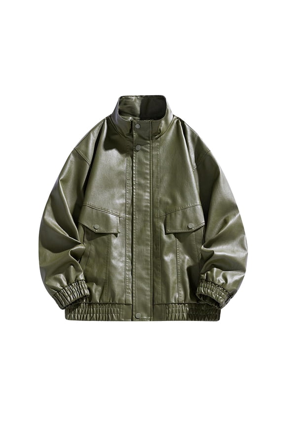 Men's Leather Jacket Causal Long Sleeve Stand Collar Motorcycle Jackets Solid Color Fashion Lightweight Zip Up Biker Jacket Coat with Pockets Green M