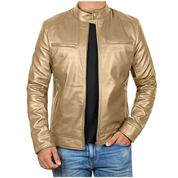 LpwkSSA Men's Leather Jacket Causal Long Sleeve Stand Collar Motorcycle Jackets Solid Color Vintage Print Fashion Lightweight Zip Up Biker Outdoor Coat with Pockets Gold XXXL