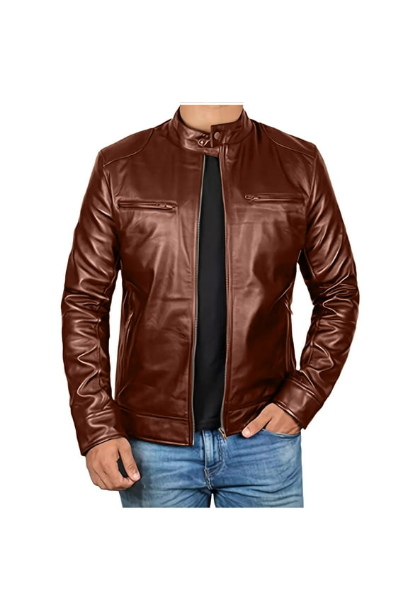 Men's Leather Jacket Causal Long Sleeve Stand Collar Motorcycle Jackets Solid Color Vintage Print Fashion Lightweight Zip Up Biker Outdoor Coat with Pockets Bronze S