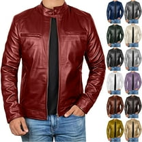 LpwkSSA Men's Leather Jacket Causal Long Sleeve Stand Collar Motorcycle Jackets Solid Color Vintage Print Fashion Lightweight Zip Up Biker Outdoor Coat with Pockets Gray S
