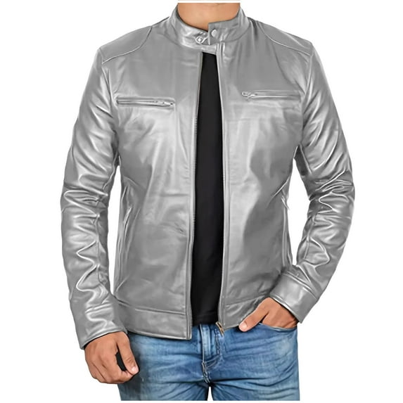 LpwkSSA Men's Leather Jacket Causal Long Sleeve Stand Collar Motorcycle Jackets Solid Color Vintage Print Fashion Lightweight Zip Up Biker Outdoor Coat with Pockets Silver XXL