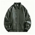 thumbnail image 1 of LpwkSSA Men's Leather Jacket Long Sleeve Flip-Collar Coat with Zipper Pockets Casual Loose Fit Outerwear for Winter and Daily Wear Green M, 1 of 4