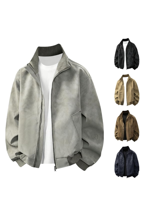 Men's Leather Jacket Solid Color Stand Collar Zip-Up Workwear Coat Lightweight Long Sleeve Motorcoat with Zipper Pockets Black L