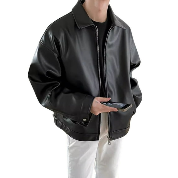 LpwkSSA Men's Leather Jacket Zip-Up Motorcycle Bomber Jackets PU leather Casual Baseball Jacket Ligthweigt Vintage Lapel Jackets Black XL