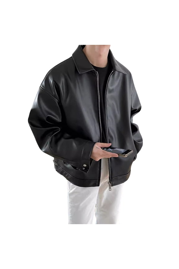 Men's Leather Jacket Zip-Up Motorcycle Bomber Jackets PU leather Casual Baseball Jacket Ligthweigt Vintage Lapel Jackets Black XXL