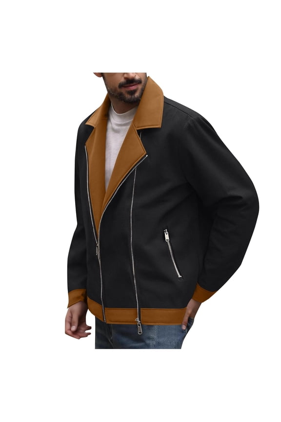 Men's Leather Motorcycle Jacket Flip Collar Solid Color Distressed Finish Long Sleeve Rider Coat with Zippered Cuffs for Urban Style Black S