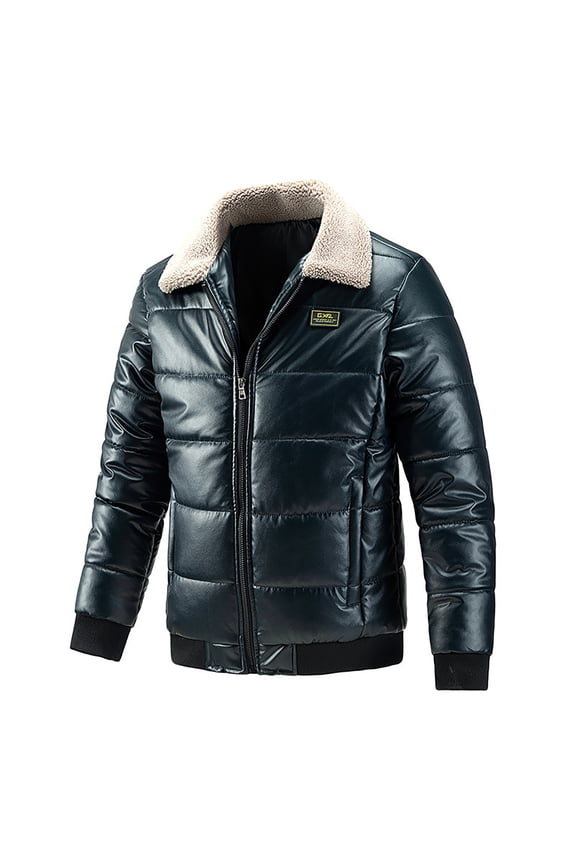 Men's Leather Puffer Jackets Casual Fashion Winter Solid Color Leather Jacket With Thick Velvet Cotton Coat Collar Jacket Cotton Coat Blue XL