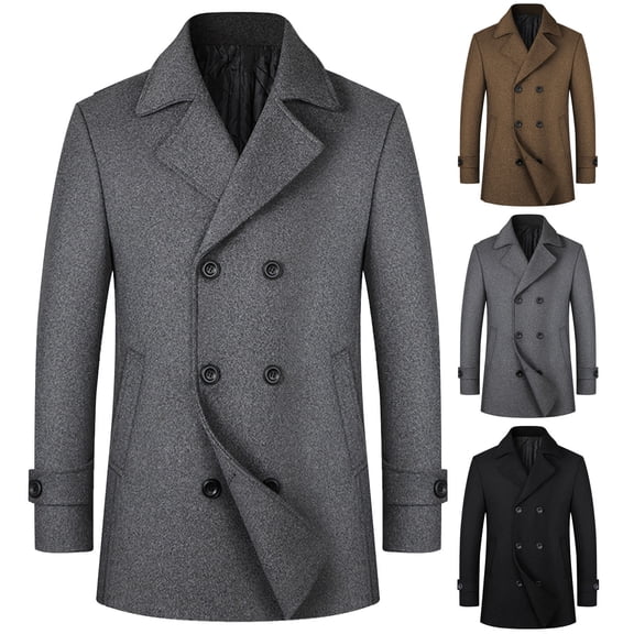 LpwkSSA Men's Leisure Trench Coats Casual Button Solid Color Long Sleeve Turn Down Collar Outwear Double Breasted Overcoat with Pockets Black L