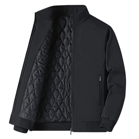 LpwkSSA Men's Lightweight Thermal Coat Casual Windbreaker Zipper Workwear Solid Color Long Sleeved Windproof Stand Collar Thick Coat with Pocket Black XL