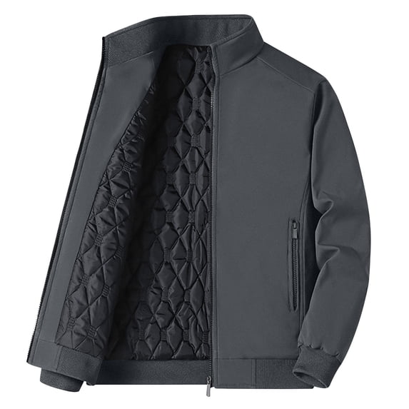 LpwkSSA Men's Lightweight Thermal Coat Casual Windbreaker Zipper Workwear Solid Color Long Sleeved Windproof Stand Collar Thick Coat with Pocket Gray XXL