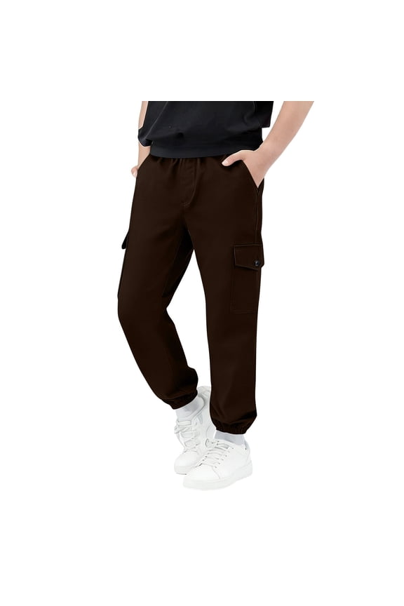 Men's Linen Cargo Pants Lightweight Elastic Waist Drawstring Hiking Pants Solid Color Loose Casual Pants With Multi Pocket Brown 4 Years