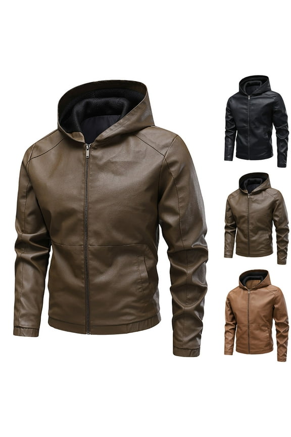 Men's Matte Faux Leather Hooded Coat Motorcycle Zip Up Loose Fit Biker Coat Fashion Long Sleeve Waterproof Jacket with Pockets Black L