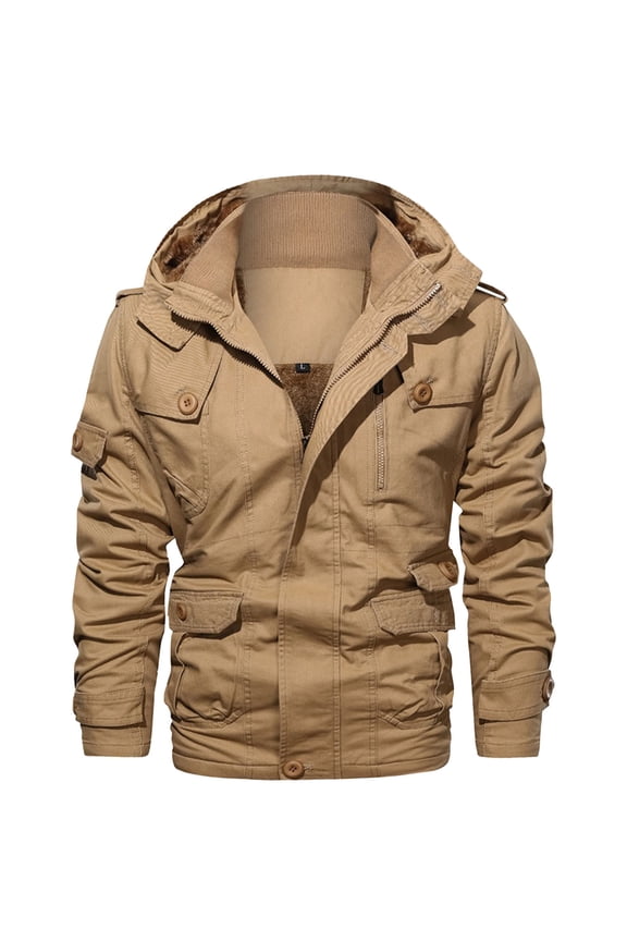 Men's Multiple Pockets Coat Button Zipper Windbreaker Solid Long Sleeves No Hat Casual Loose Coat Zip up Jacket Yellow XL