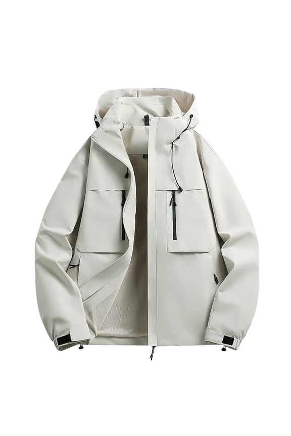 Men's Outdoor Coat Color Blocked Long Sleeve Hooded Cargo Windbreaker Jacket with Waterproof Reflective Stripes Design Outdoor Sports Practical Trendy Style White XXXL