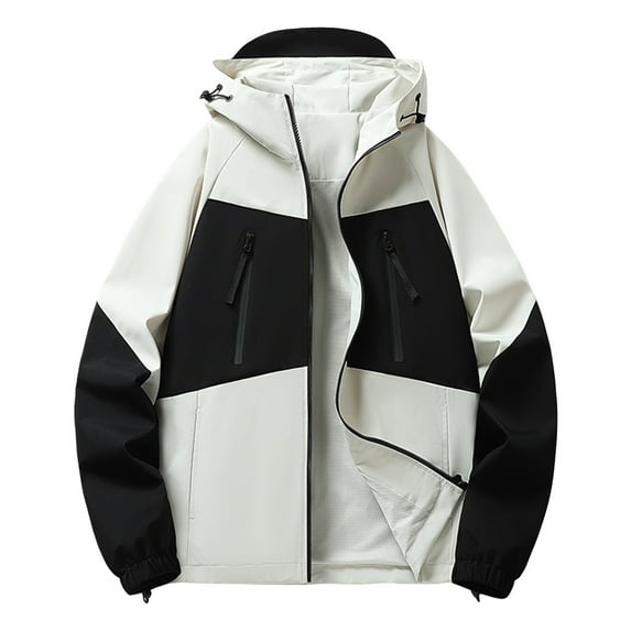 LpwkSSA Men's Outdoor Coats Warm Casual Fashion Color Matching Long Sleeved Hooded Jackets Zipper Pockets Outdoor Sports Mountaineering jacket White XXL