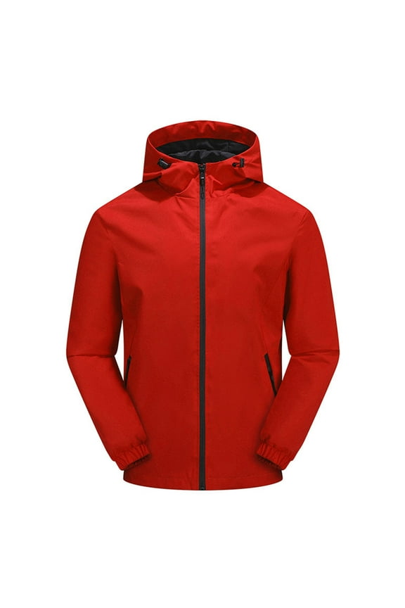 Men's Outdoor Hooded Coat With Zip Pockets Solid Long Sleeved Windbreaker Coats Sports Running Hiking Outwear Coat Red XXXXXL