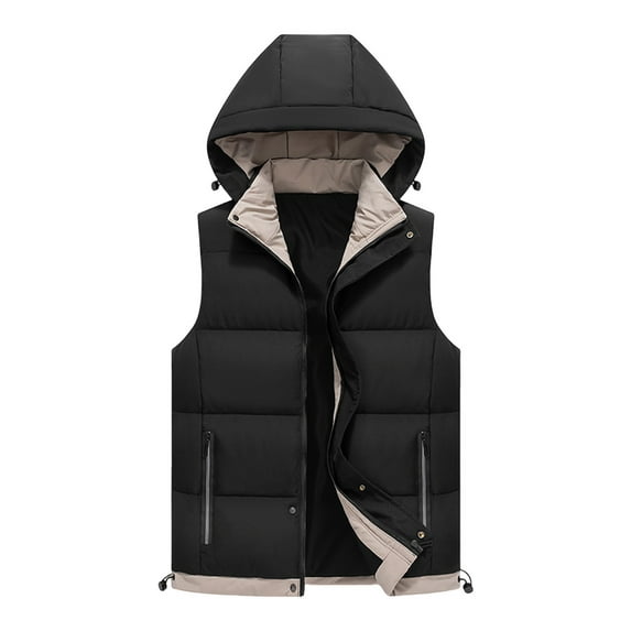 LpwkSSA Men's Outdoor Winter Lightweight Puffer Vest Cotton Coat Solid Color Sleeveless Hooded Zipper Cardigan Warm Vest with Detachable Hooded Black XXL