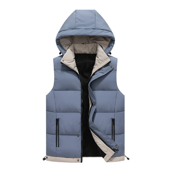 LpwkSSA Men's Outdoor Winter Lightweight Puffer Vest Cotton Coat Solid Color Sleeveless Hooded Zipper Cardigan Warm Vest with Detachable Hooded Blue XL