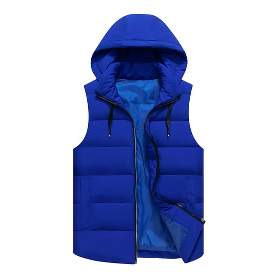 LpwkSSA Men's Outdoor Winter Warm Cotton Jacket Solid Color Sleeveless Lightweight Puffer Vest Hooded Zipper Cardigan Warm Coat with Detachable Hooded Blue XXXL