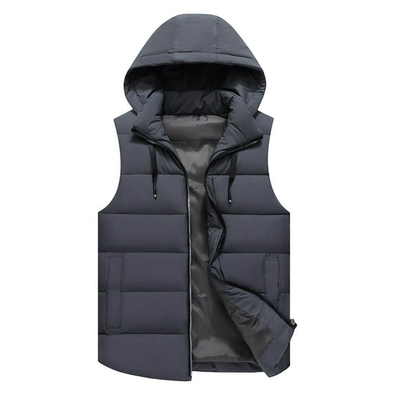 LpwkSSA Men's Outdoor Winter Warm Cotton Jacket Solid Color Sleeveless Lightweight Puffer Vest Hooded Zipper Cardigan Warm Coat with Detachable Hooded Gray XXXXL
