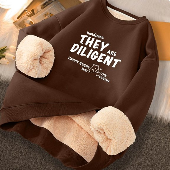 LpwkSSA Men's Oversize Sherpa Lined Sweatshirts Fall Winter Trendy Letter Print Thickened Thermal Loose Round Neck Long Sleeves Pullover Coat Brown XXXL